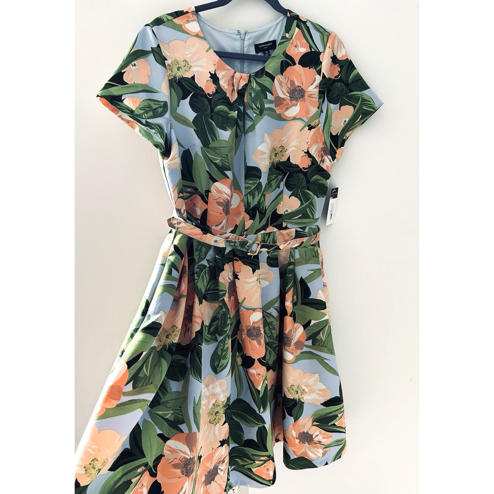 Tahari ASL Dress 14 Peach Magnolia Belted Floral Fit & Flare DAM687 NWT
